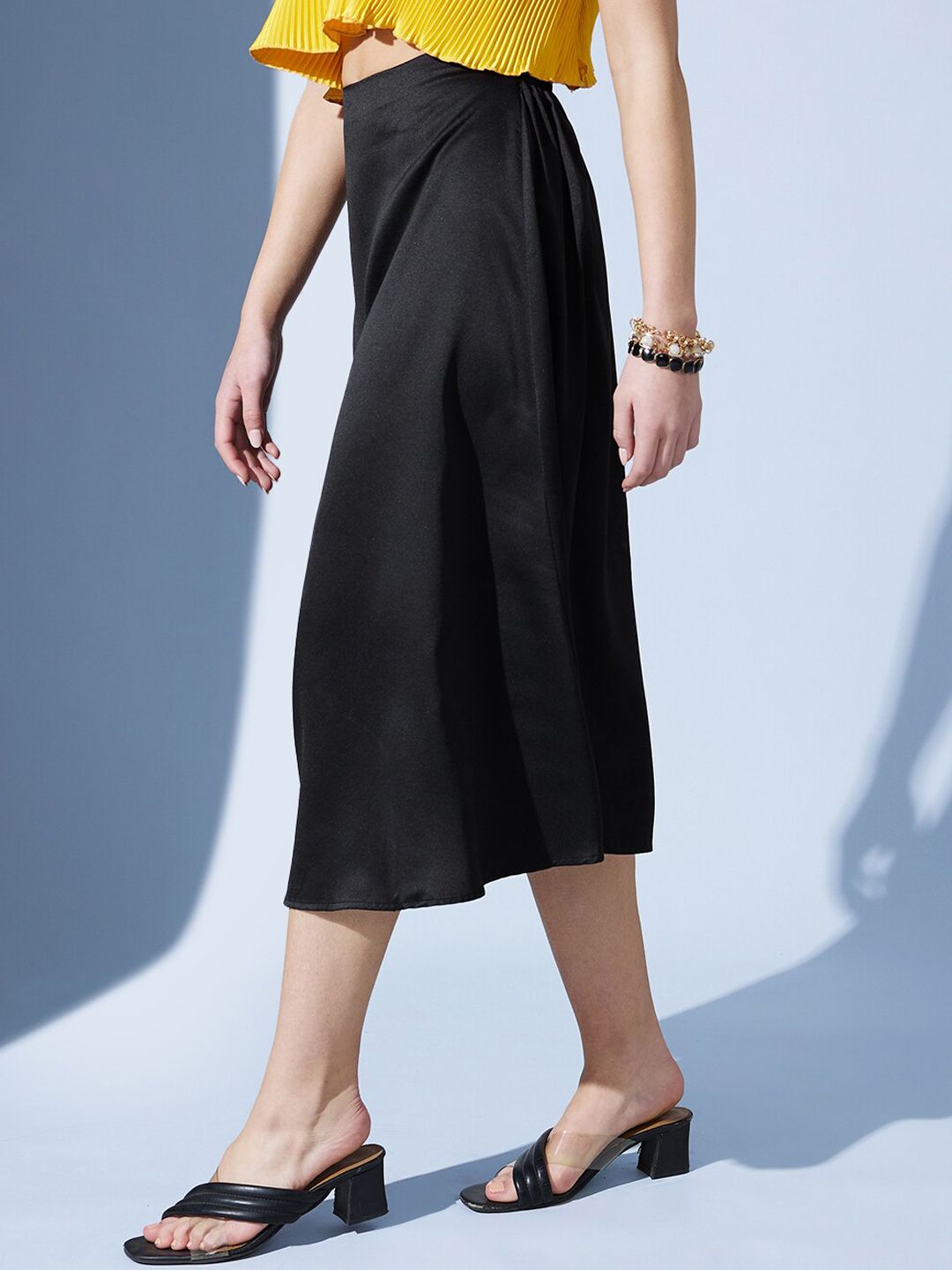 STREET 9 Black Satin A-Line Midi Skirt
