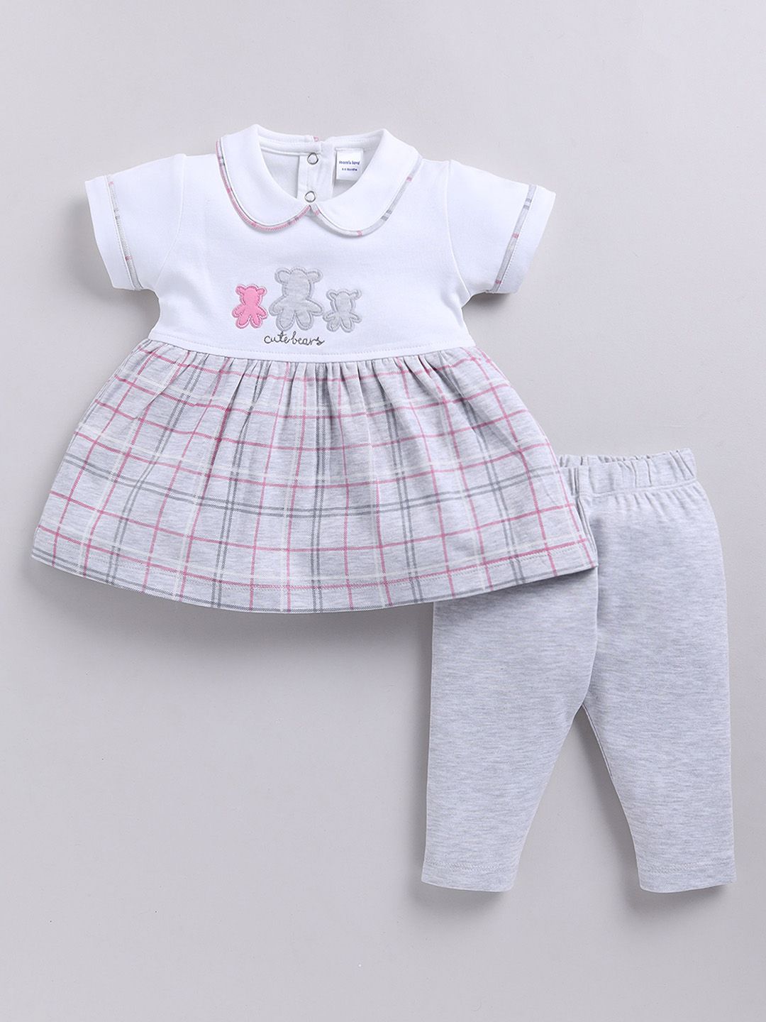 Moms Love Infant Girls Pure Cotton Checked Dress with Trousers