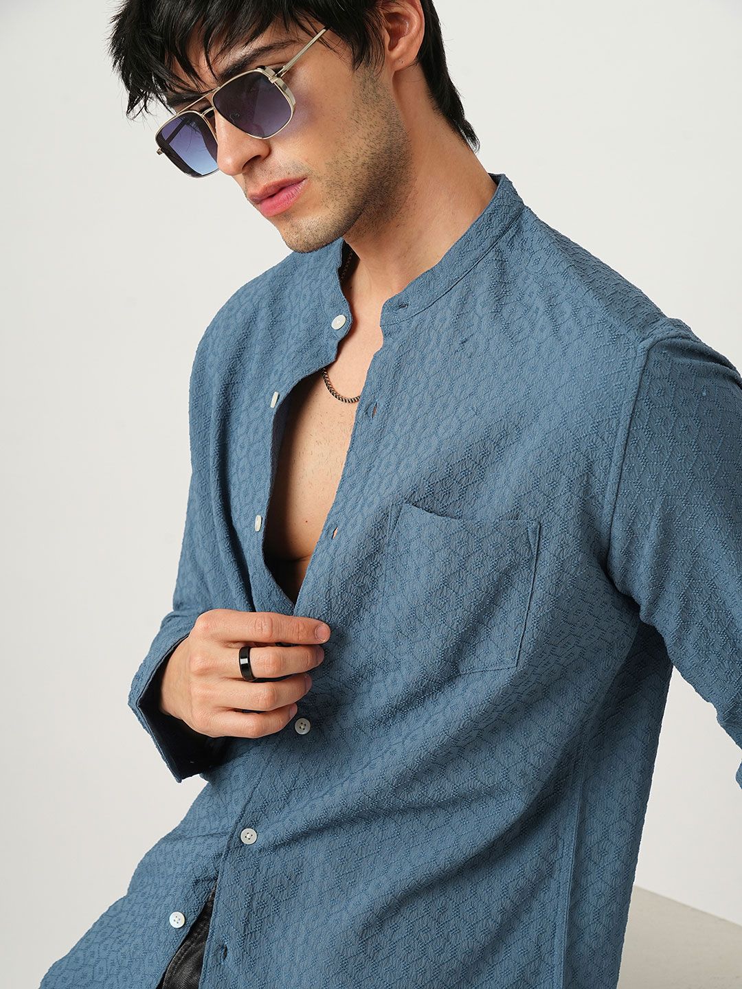 VASTRADO Men Classic Band Collar Textured Slim Fit Casual Shirt