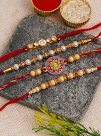 eCraftIndia Set of 4 Designer Pearl Rakhi with Roli Chawal
