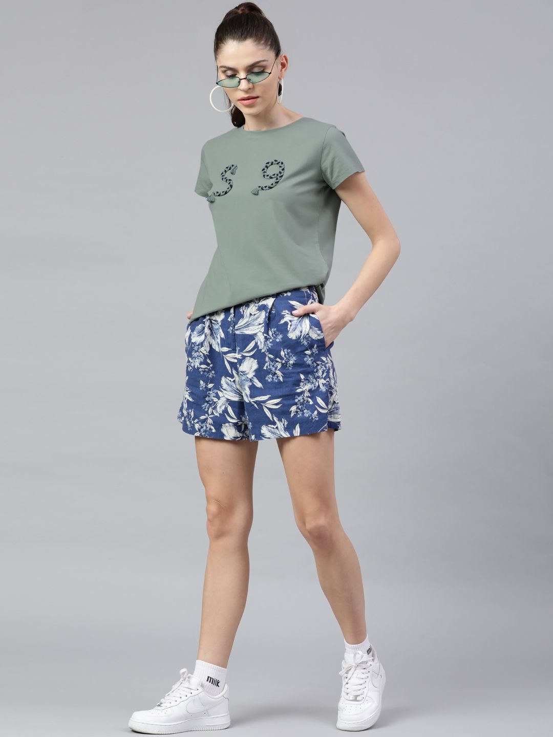 STREET 9 Women Olive Green Printed Round Neck T-shirt