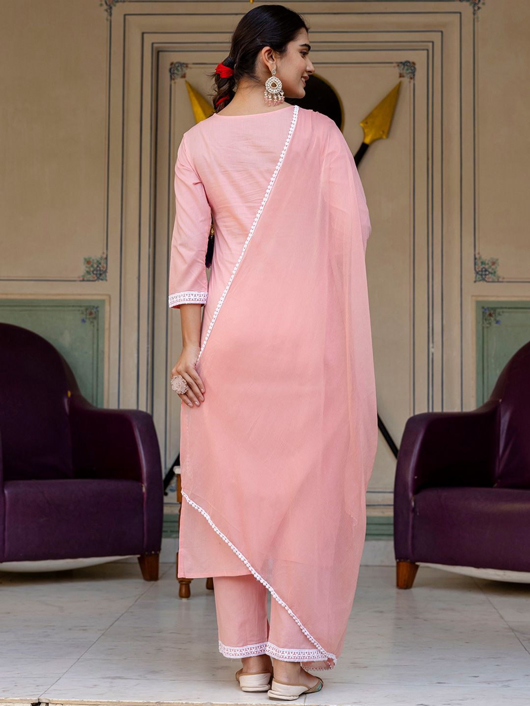 KALINI Floral Embroidered Yoke Design A-Line Pure Cotton Kurta With Trouser And Dupatta