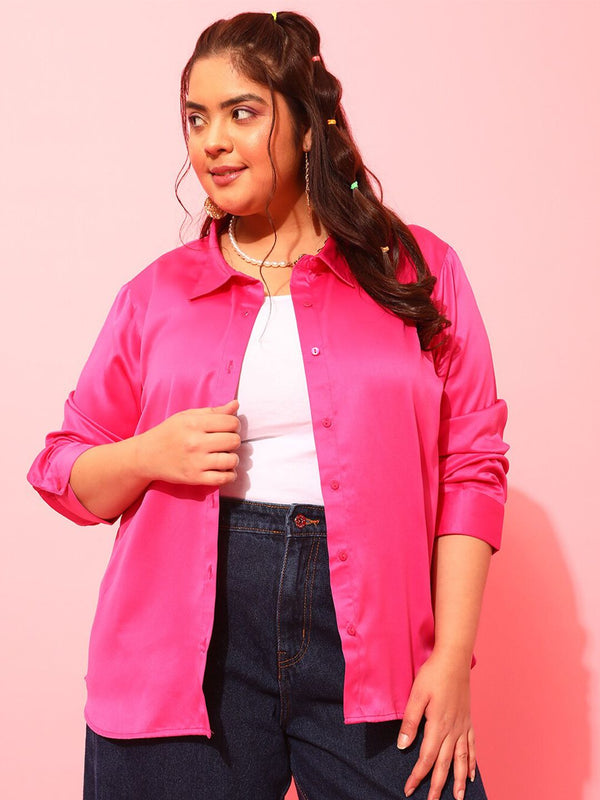 CURVY STREET Plus Size Fuchsia Classic Satin Casual Shirt