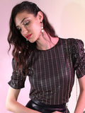 Tokyo Talkies Black & gold-toned Geometric Printed Puff Ruched Sleeves Top