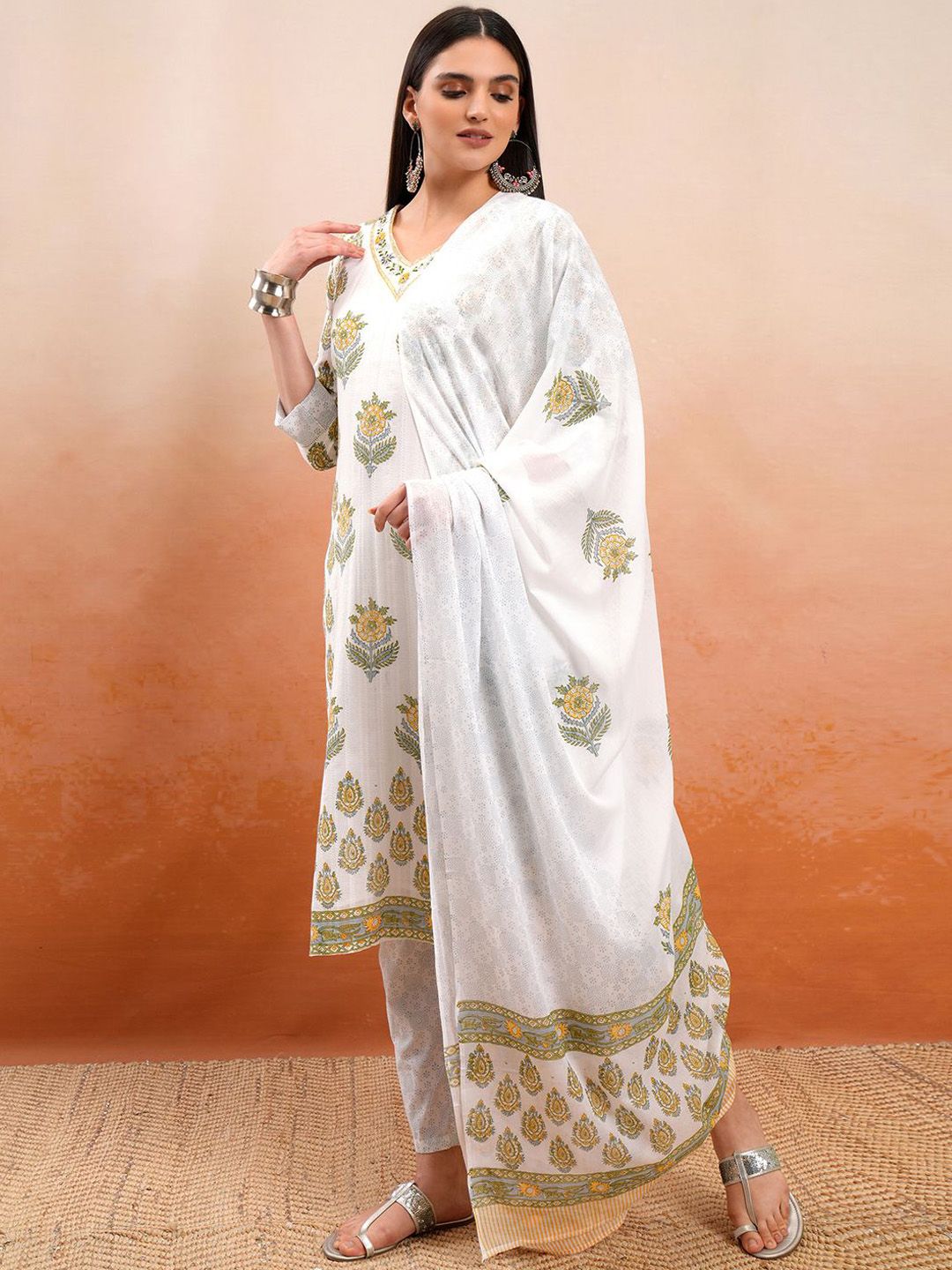Vishudh Floral Printed V-Neck Pure Cotton Kurta with Trousers & Dupatta
