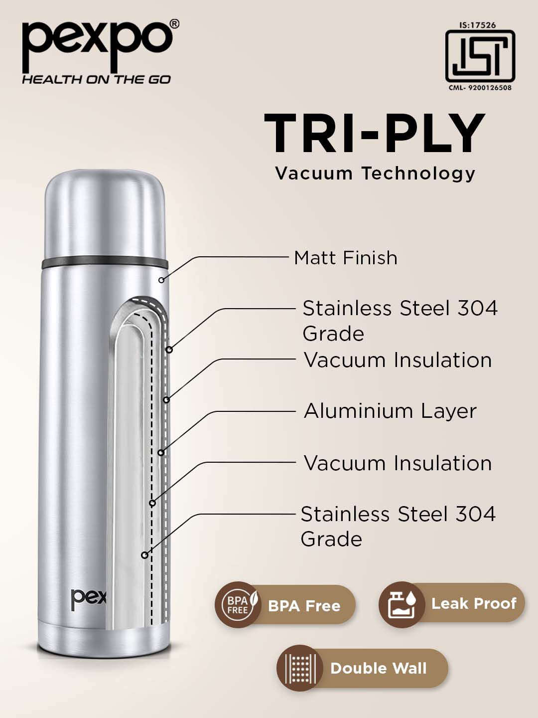 Pexpo Flamingo Silver-Toned ISI Certified Thermosteel Hot Flask Water Bottle 1000ml