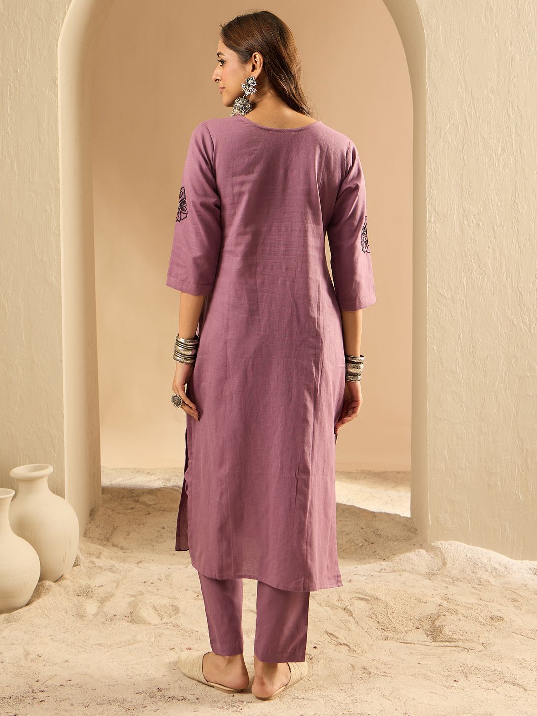 Indo Era Women Floral Embroidered Regular Thread Work Pure Cotton Kurta with Trousers