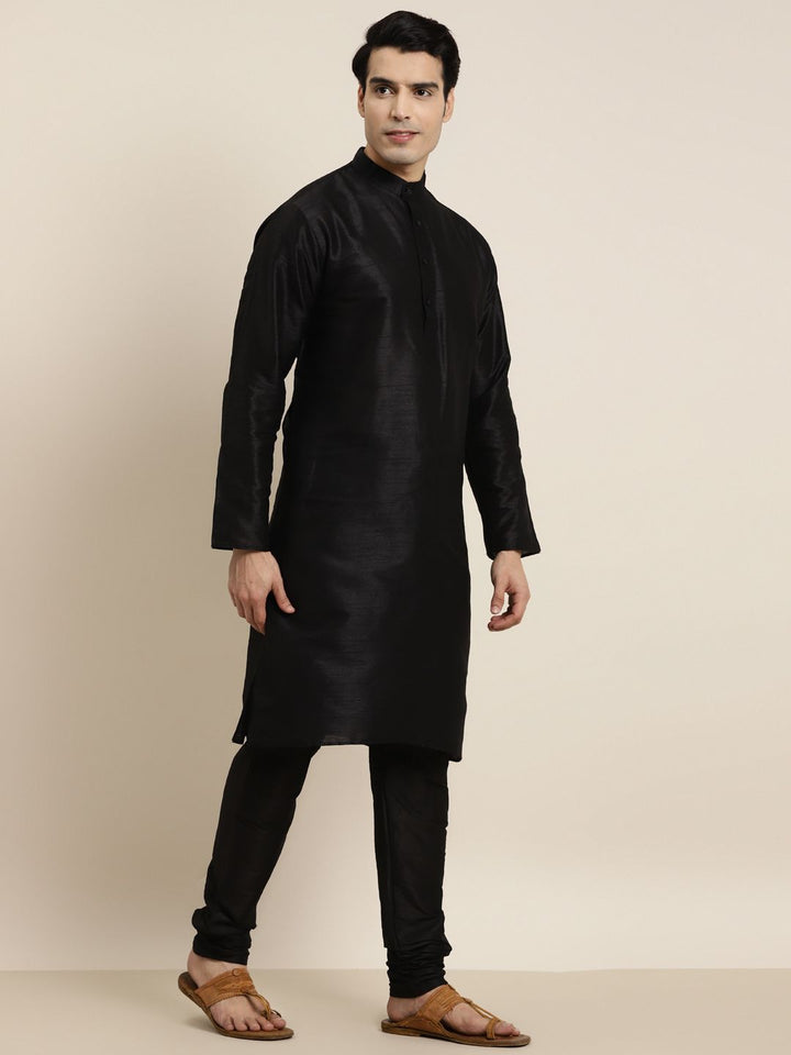 SOJANYA Men Black Solid Kurta with Churidar & Nehru Jacket