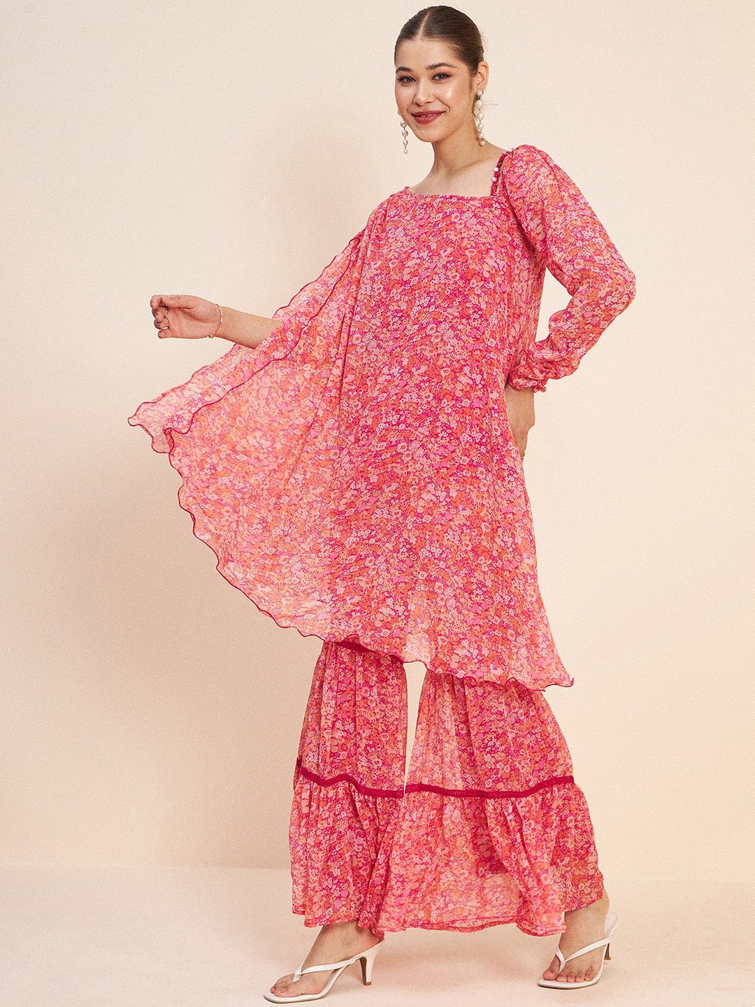 Antheaa Pink Floral Printed A-Line Kurta With Sharara