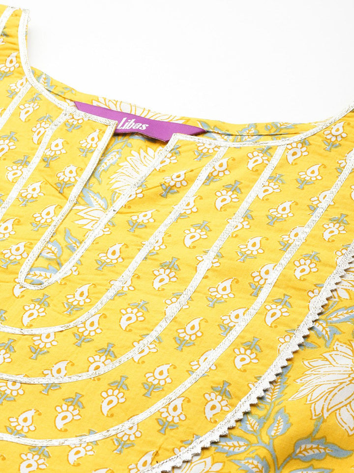 Libas Women Floral Printed Gotta Patti Pure Cotton Kurta With Trousers & With Dupatta