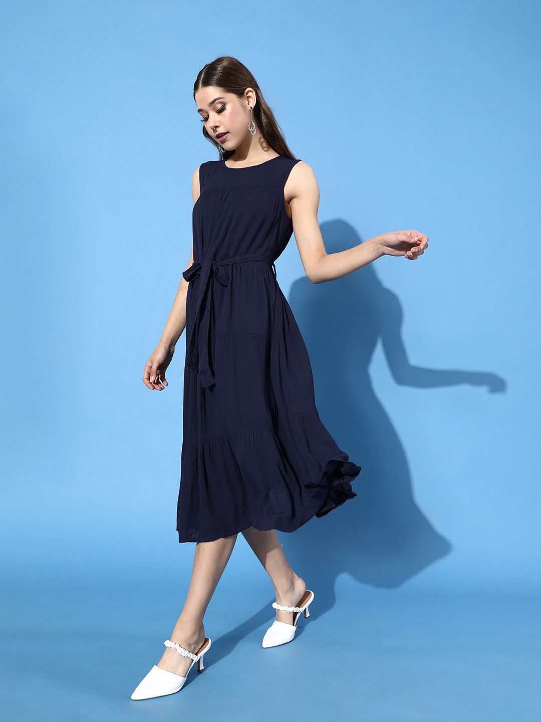 DressBerry Women Navy Blue Solid Tiered A-Line Dress