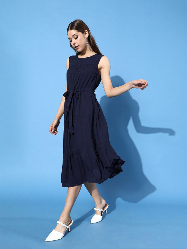 DressBerry Women Navy Blue Solid Tiered A-Line Dress