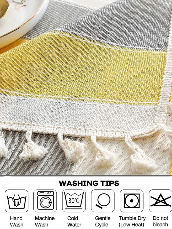 URBAN SPACE Yellow & Grey Striped 4-Seater Cotton Table Cloth