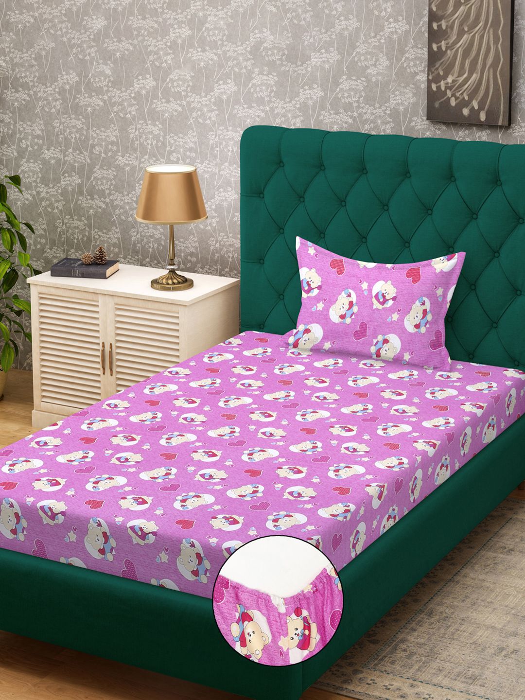 KLOTTHE Purple Conversational Pure Cotton 400 TC Dilengkapi Cadar Single Superfine dengan Sarung Bantal-89 x 59 inci
