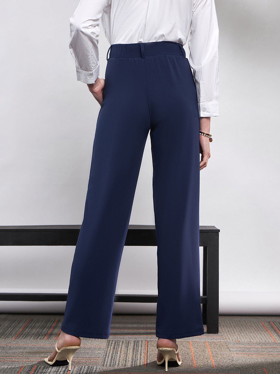 SASSAFRAS Women Navy Blue Straight Fit High-Rise Pleated Bootcut Trousers