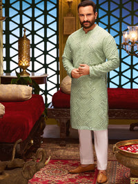 House of Pataudi Men Green Embellished Mirror Work Jashn Kurta