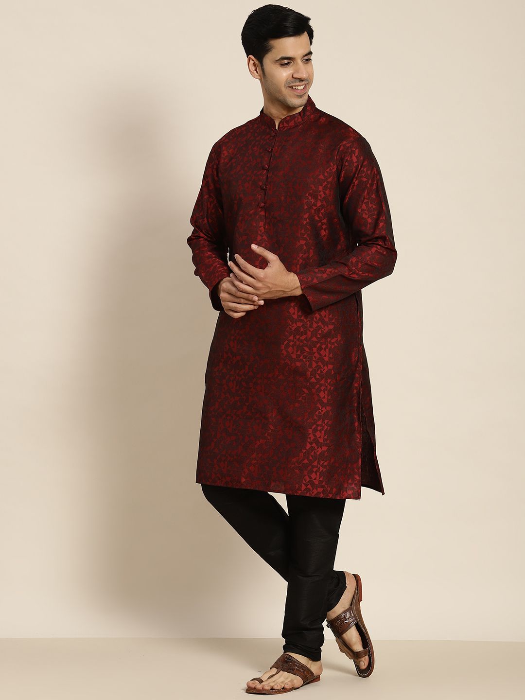 SOJANYA Men Maroon Jacquard Kurta
