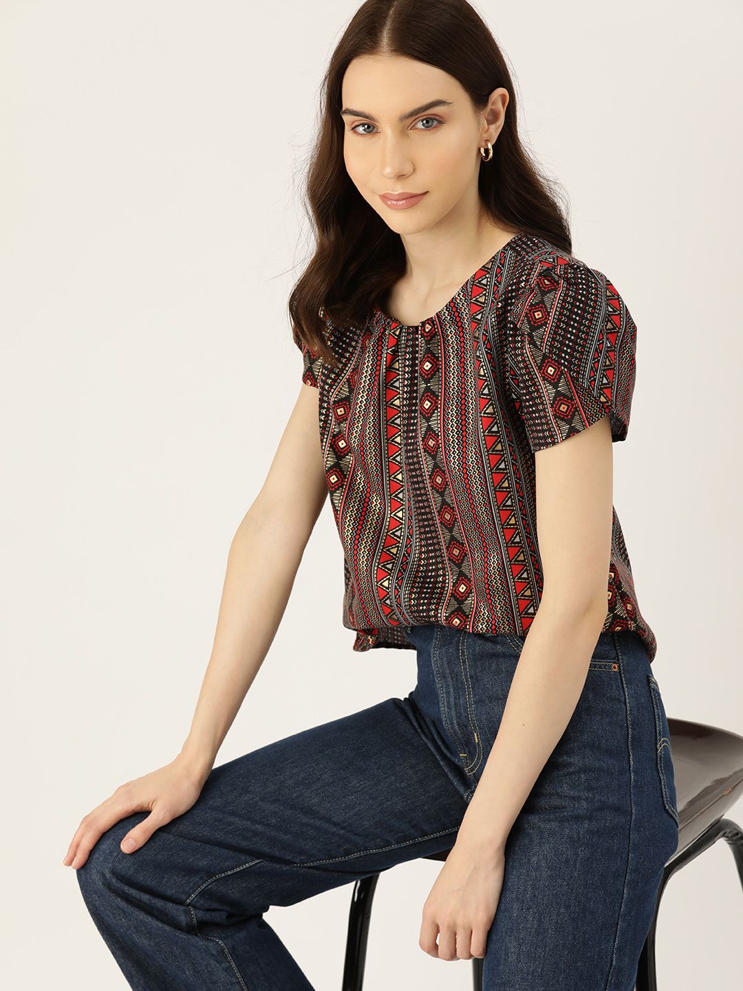 DressBerry Geometric Print Puff Sleeves Top