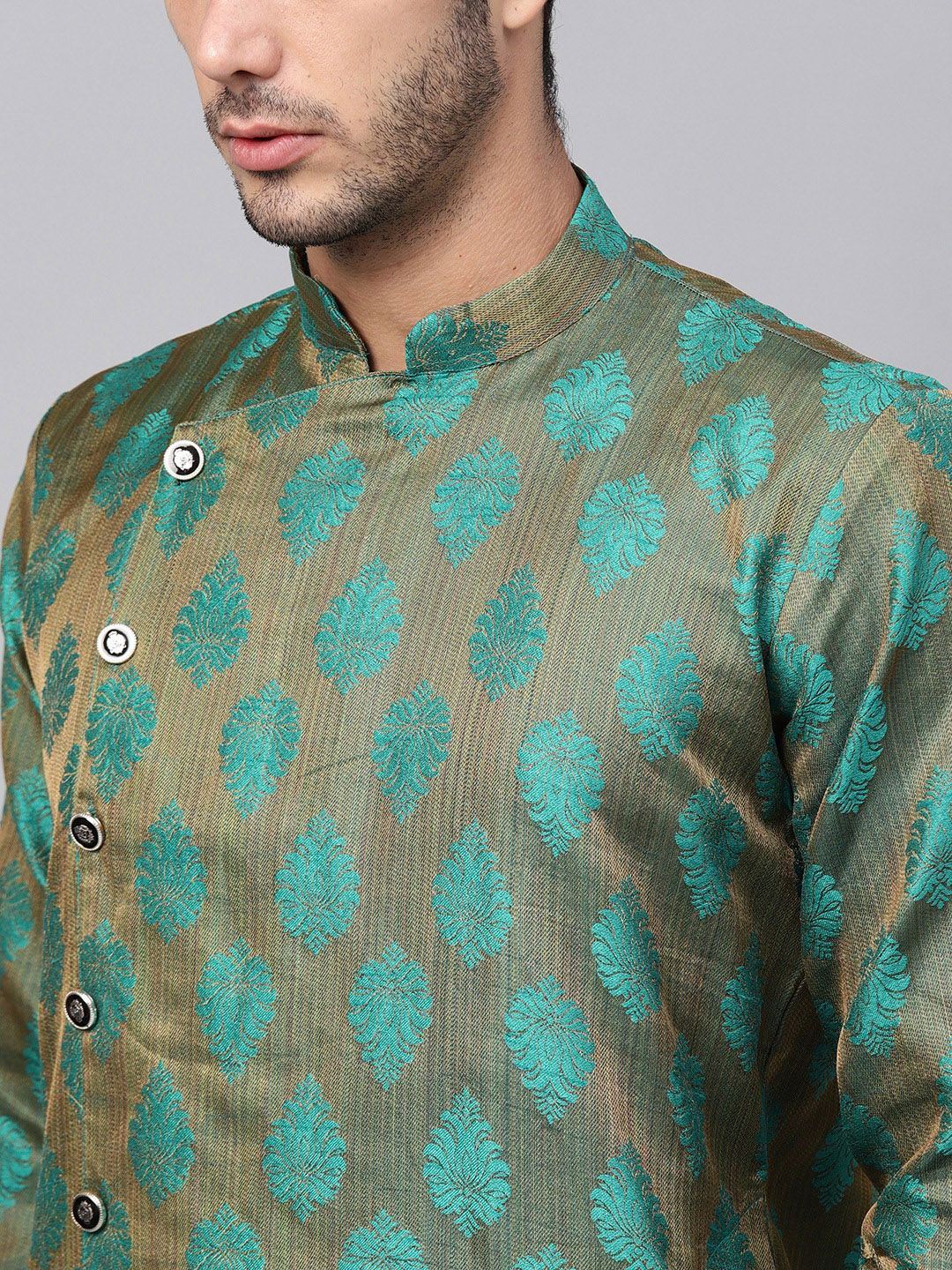 SOJANYA Men Bronze-Toned & Green Woven Design Jacquard Silk Straight Kurta