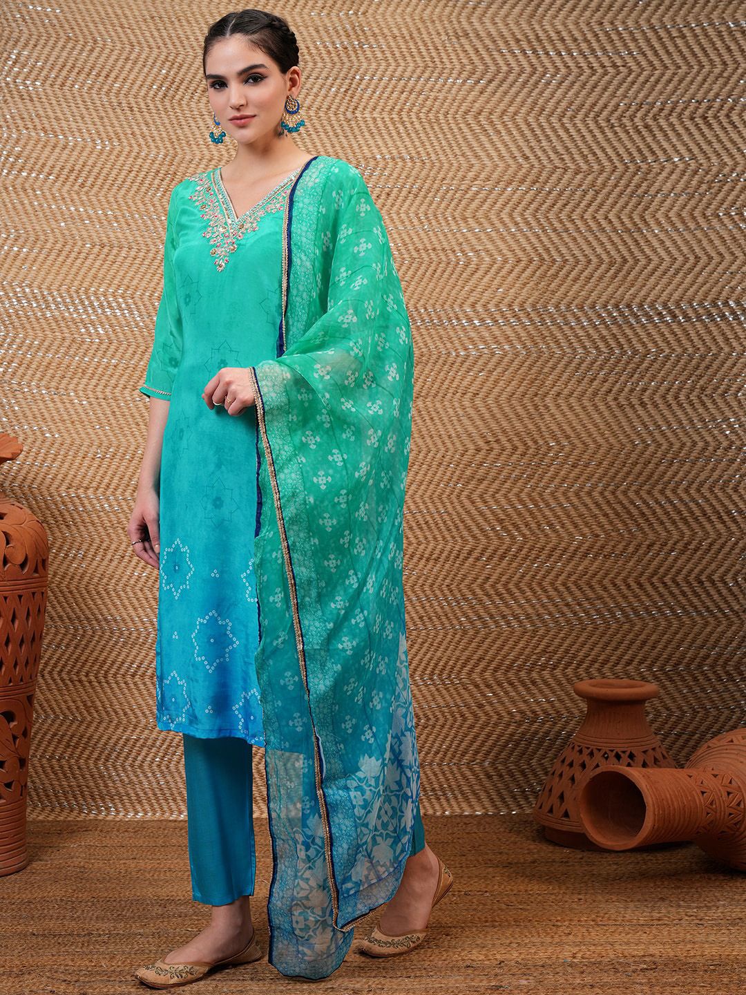 Vishudh Blue Bandhani Printed Sequinned Straight Kurta With Trousers & Dupatta