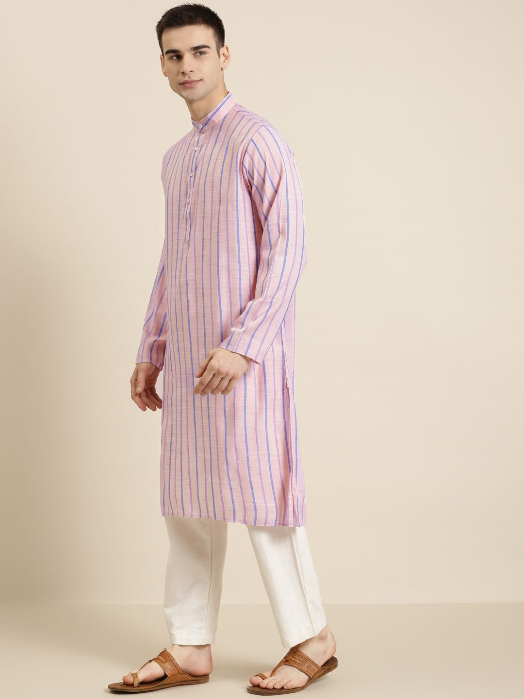 SOJANYA Men Pink & Blue Pure Cotton Striped Kurta