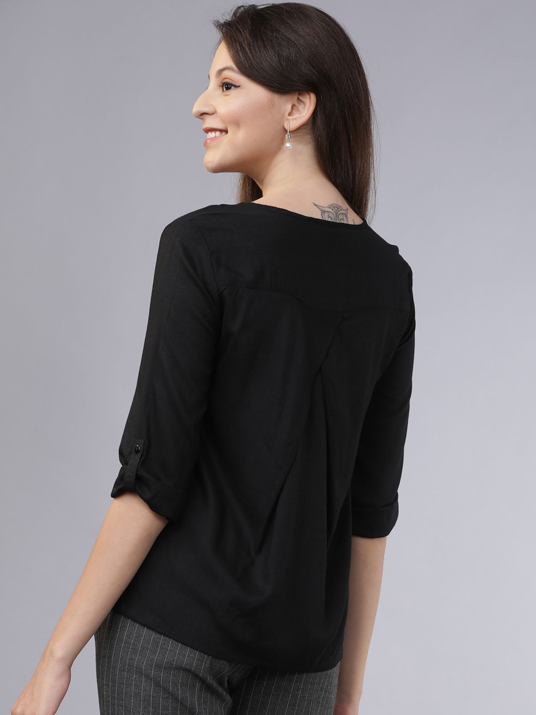 Basics By Tokyo Talkies Black V-Neck Top With Roll-Up Sleeves