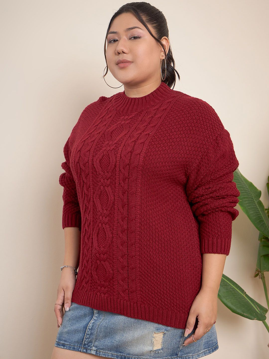 CURVY STREET Plus Size Ribbed Turtle Neck Pure Acrylic Pullover