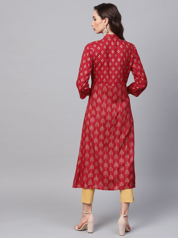 SOJANYA Women Maroon & Golden Foil Print A-Line Kurta