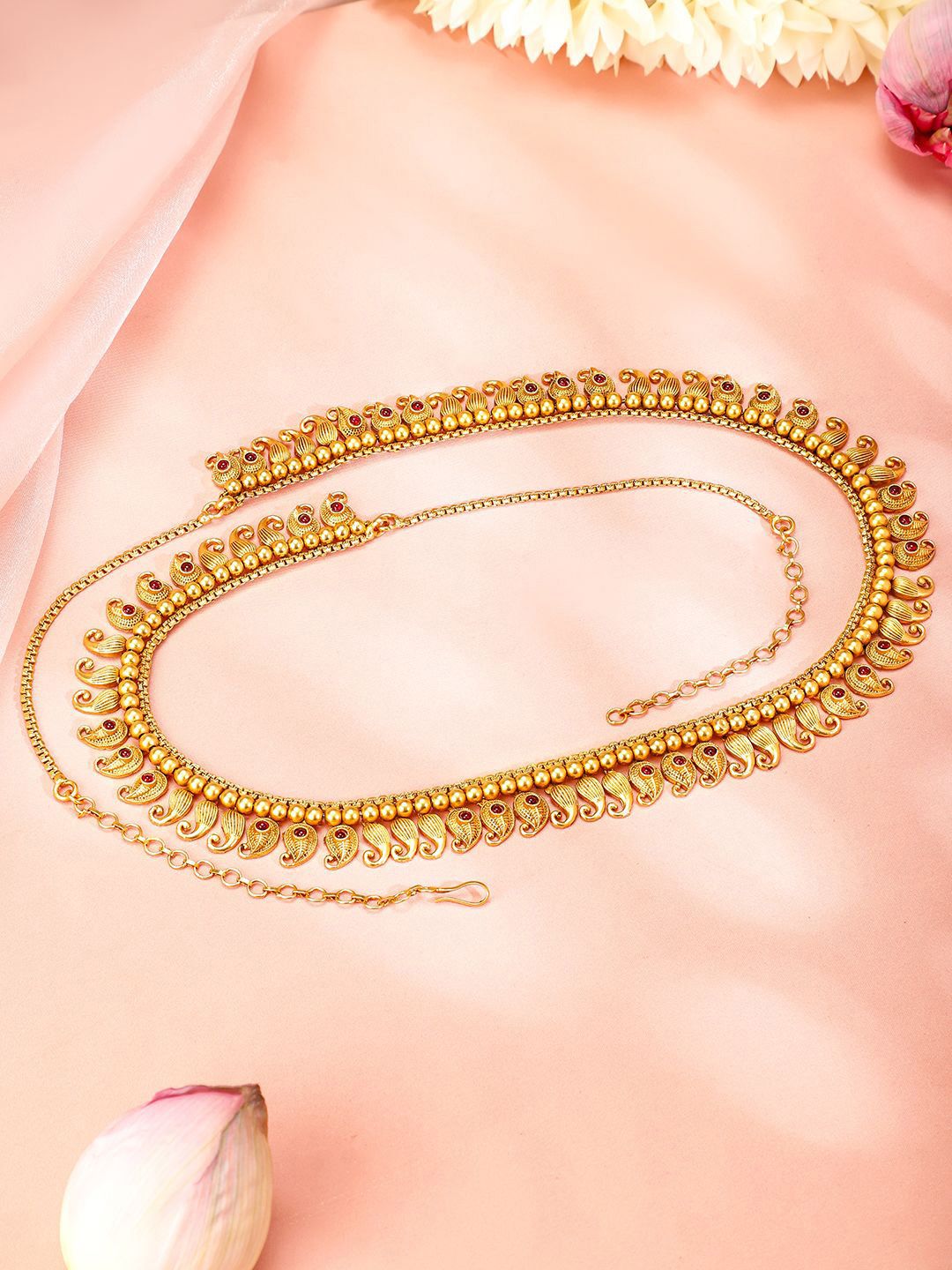 Rubans 22K Gold-Plated Ruby Studded Paisley Shaped Traditional Waist Chain Kamarbandh