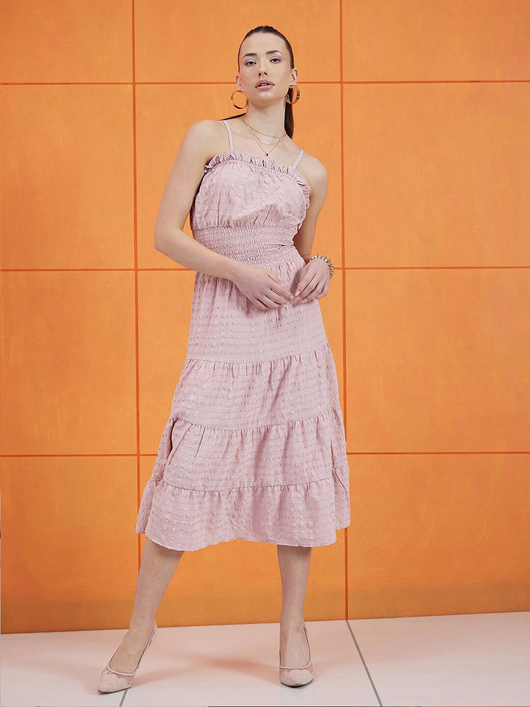 STREET 9 Self Design Shoulder Straps Smocked Tiered A-Line Dress