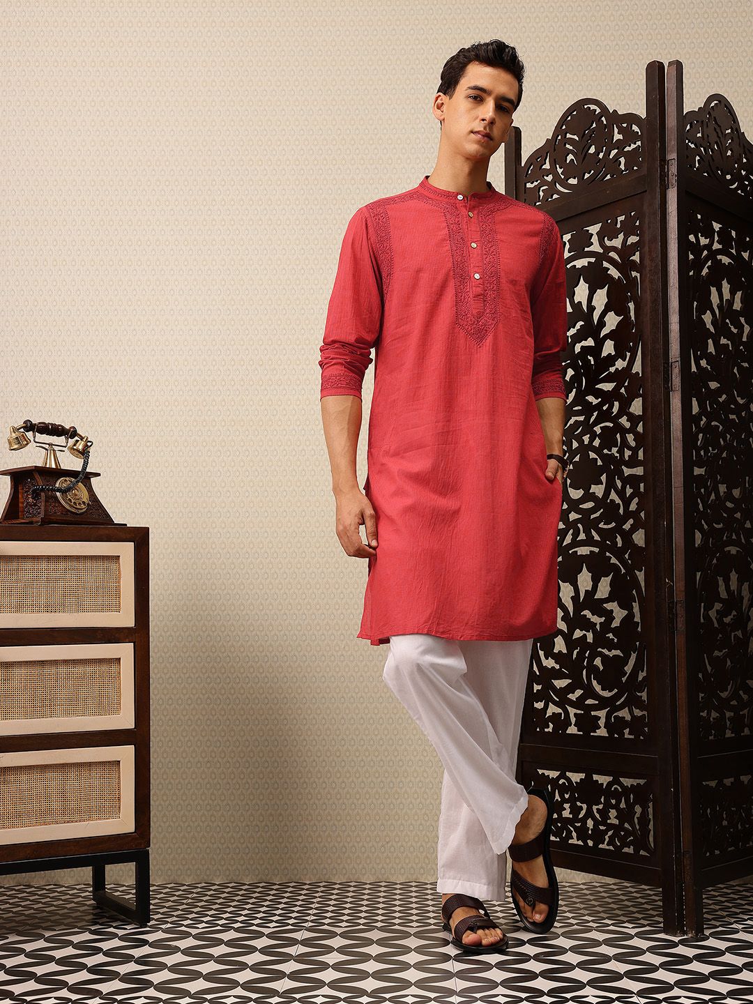 House of Pataudi Striped & Embroidered Pure Cotton Jashn Kurta with Trousers