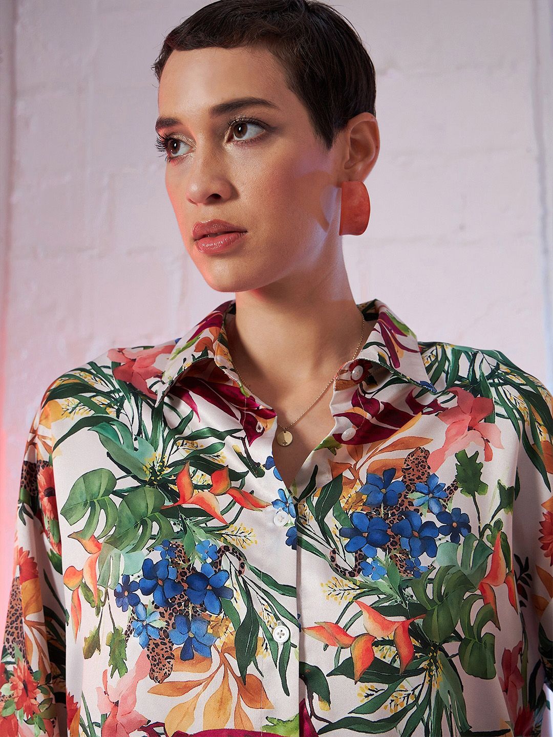 SASSAFRAS Beige Comfort Oversized Floral Printed Satin Casual Shirt