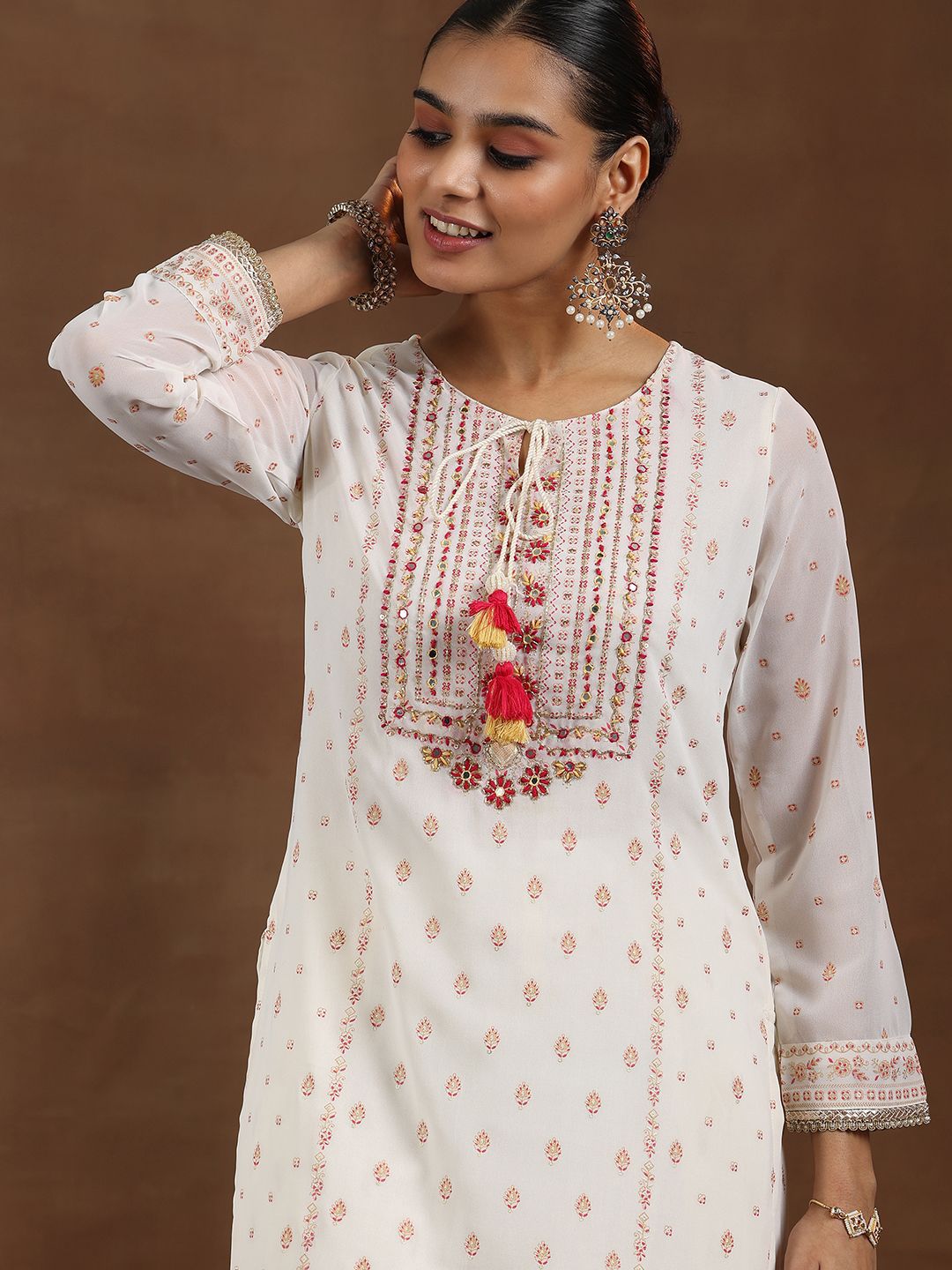 Libas Floral Printed Mirror Work Straight Kurta with Palazzos & Dupatta