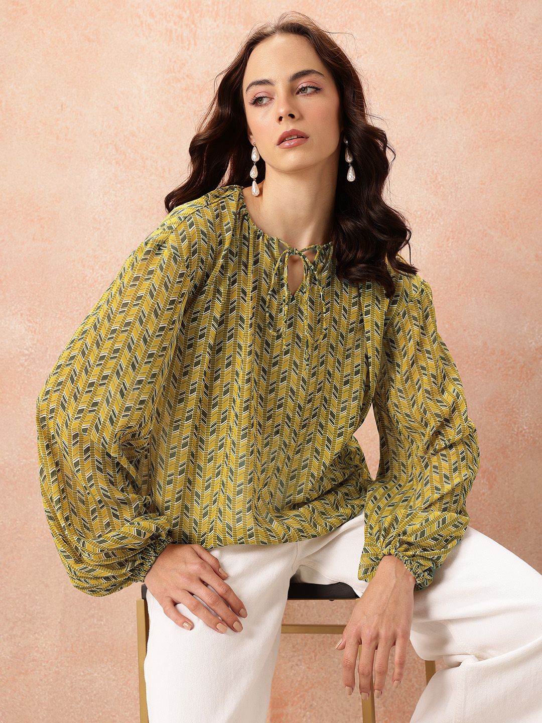 all about you Printed Tie-Up Semi Sheer Top