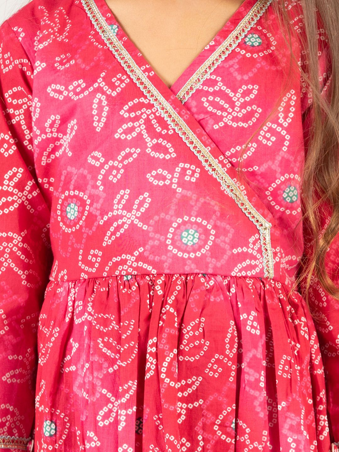 VASTRAMAY Girls Bandhani Printed Gotta Patti Cotton Fit & Flare Dress