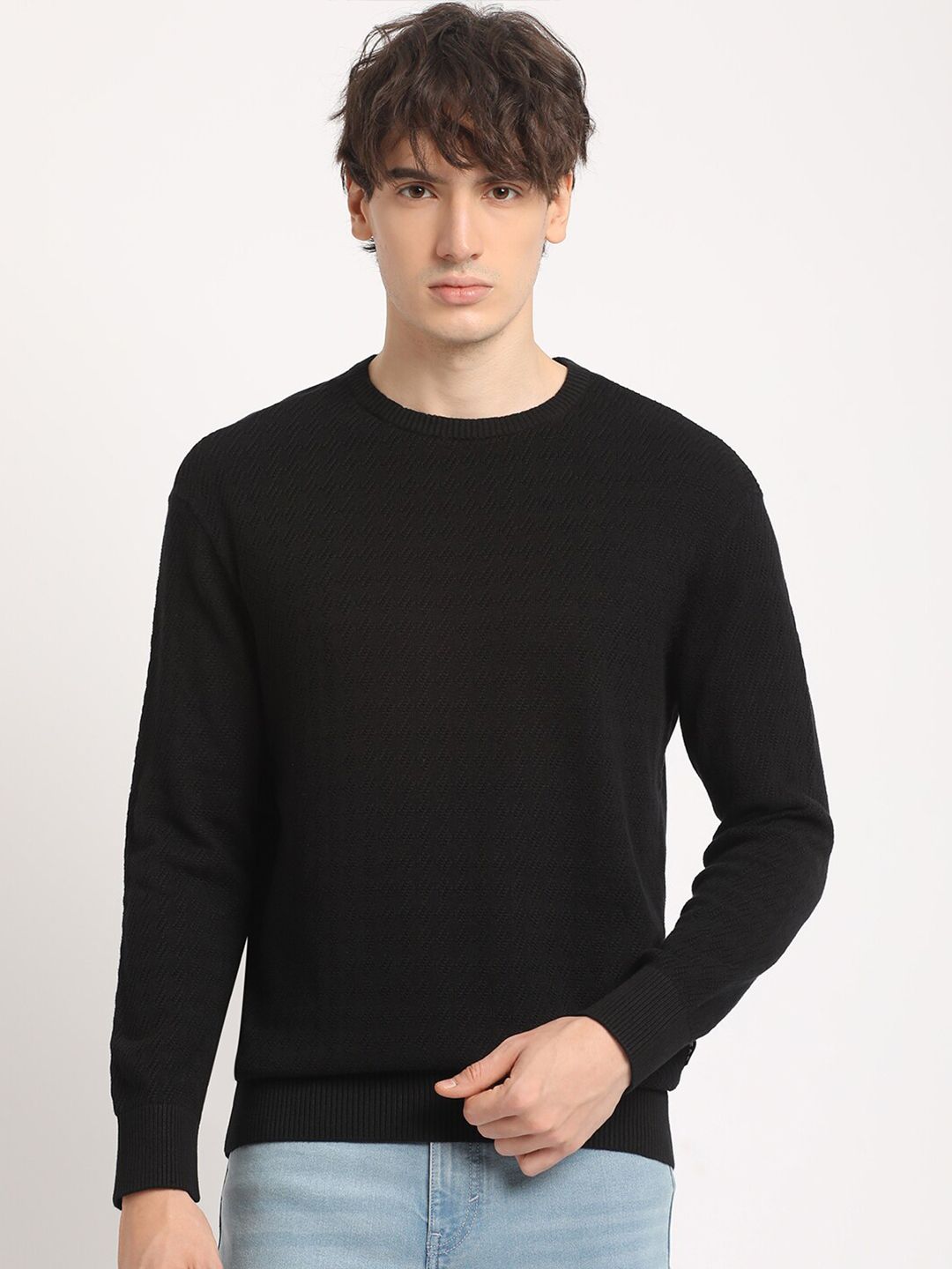 THE BEAR HOUSE Men Self Design Relaxed Fit cotton Crew Neck Solid T-shirt