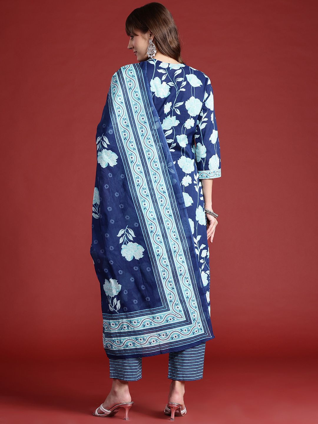 Indo Era Floral Printed Pure Cotton Kurta With Trousers & Dupatta