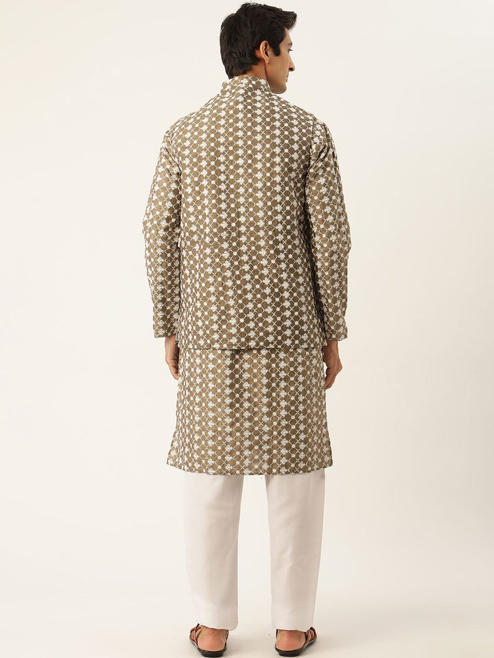 SOJANYA Men Olive Green & White Embroidered Kurta with Pyjamas & Nehru Jacket