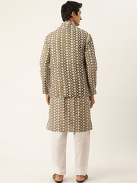 SOJANYA Men Olive Green & White Embroidered Kurta with Pyjamas & Nehru Jacket