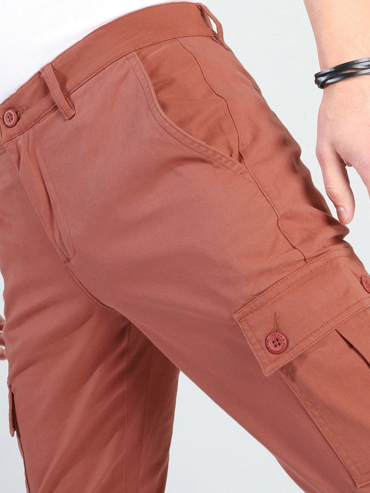 The Indian Garage Co Men Rust Brown Solid Slim Fit Cargo Joggers