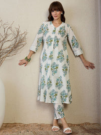 Indo Era Floral Printed V Neck A Line Pleated Pure Cotton Kurta With Trousers