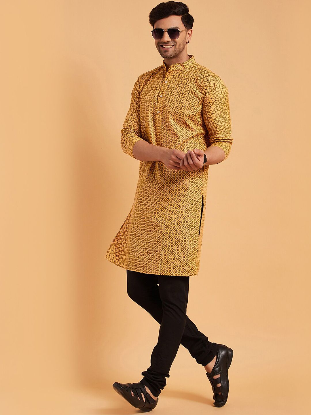 SOJANYA Mandarin Collar Ethnic Motifs Printed Cotton Linen Kurta