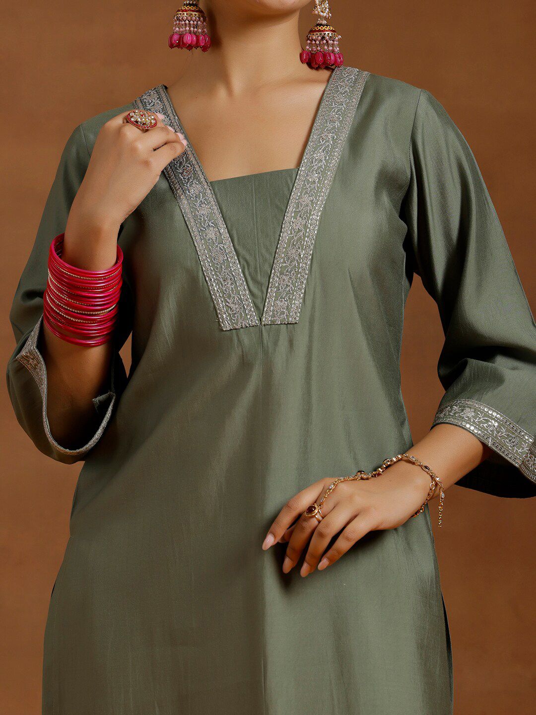 Libas Floral Yoke Design Regular Sequinned Kurta With Trousers & Dupatta