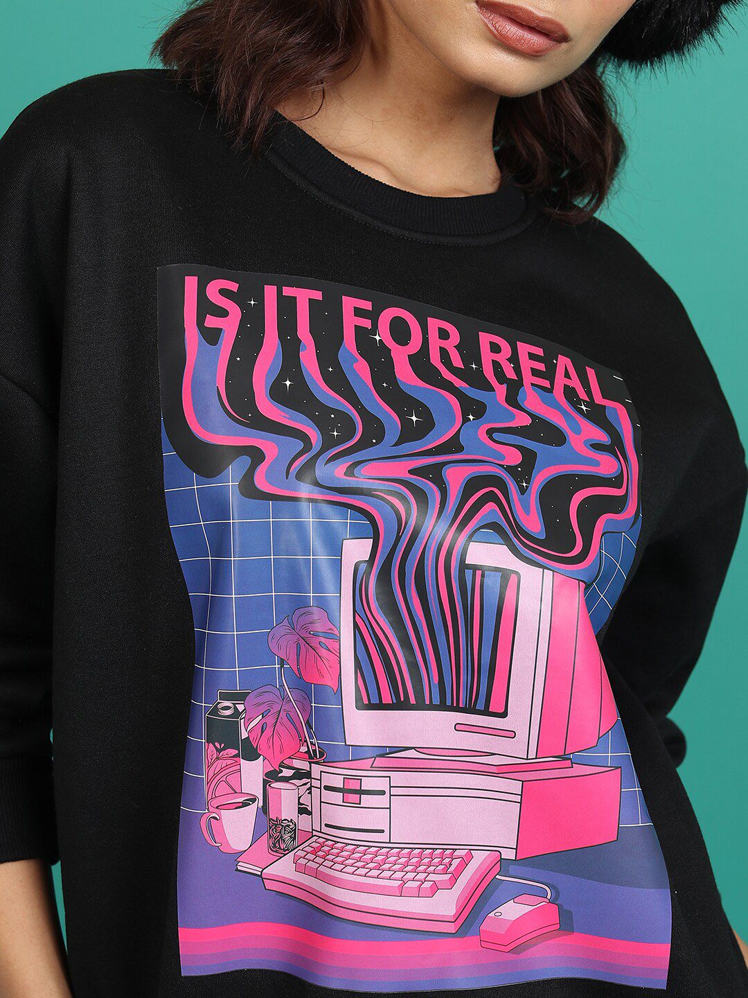 Tokyo Talkies Black Graphic Printed Oversized Pullover Sweatshirt