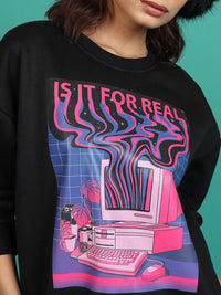 Tokyo Talkies Black Graphic Printed Oversized Pullover Sweatshirt