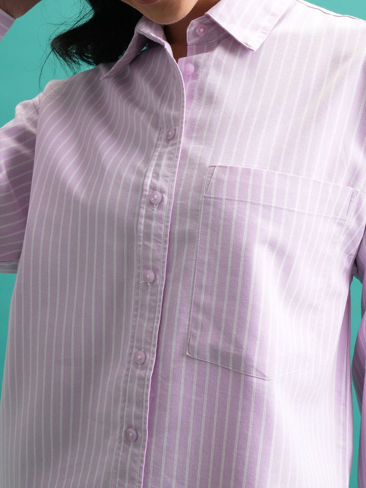 Tokyo Talkies Purple Striped Cotton Shirt With Trouser Co-Ords