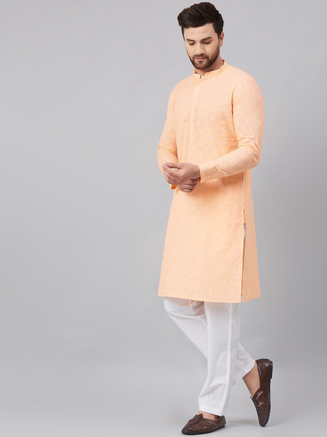 See Designs Men Peach-Coloured Thread Work Kurta