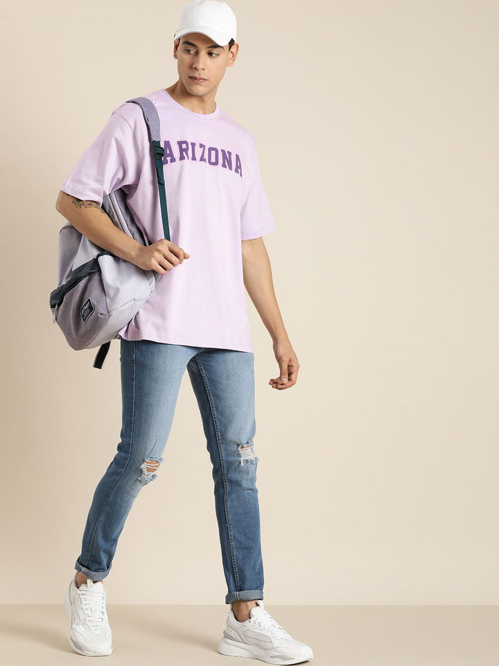 DILLINGER Men Lavender Printed Drop-Shoulder Sleeves Pure Cotton Oversized  T-shirt