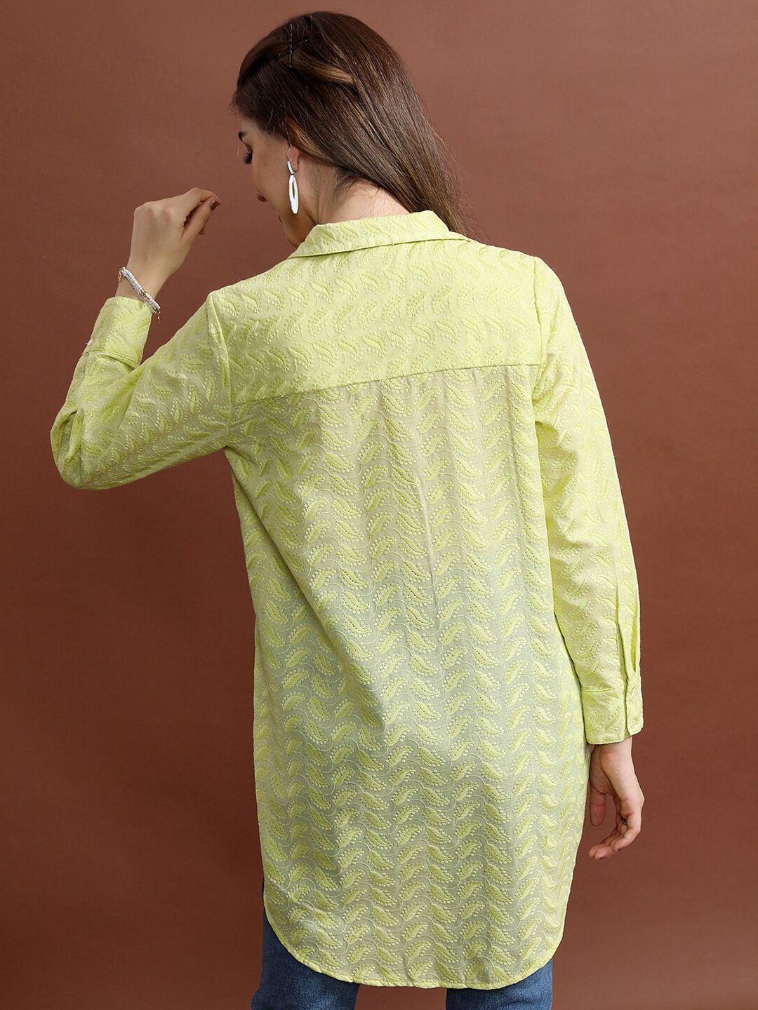 Vishudh Lime Green Floral Embroidered Casual Shirt