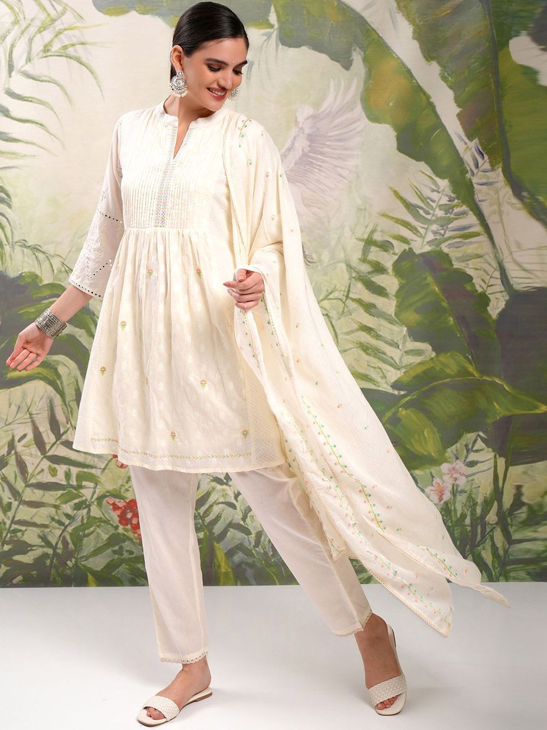 Vishudh Cream Coloured Mirror Work Pure Cotton A-Line Kurti With Trousers & Dupatta